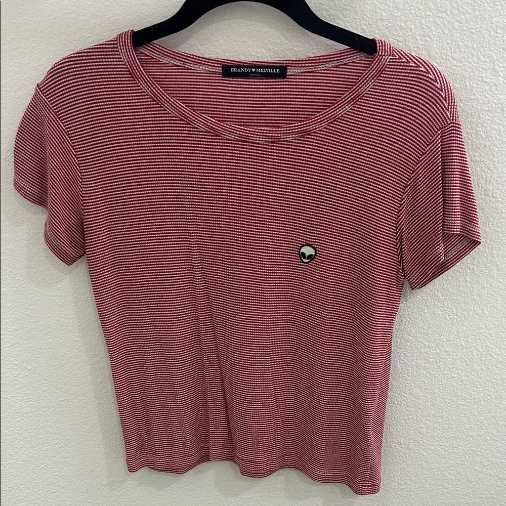 Brandy Melville Burgundy Striped Short Sleeve Tee